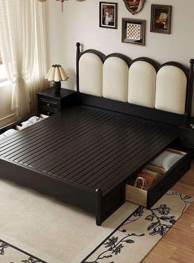 法式复古黑色实木床中古风小户型1.5m简约轻奢软包婚床1.8m储物床