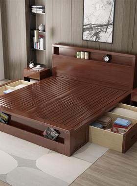 北欧实木床简约日式双人床1.8米现代1.5硬靠主卧床头储物高箱床