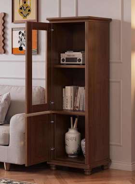 美式实木书柜带柜门复古置物柜客厅电视边柜立柜高窄柜小型储物柜