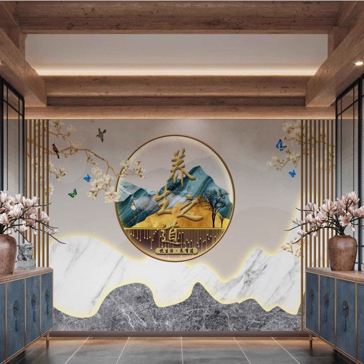 新中式养生会所壁纸足浴足疗壁布台形象墙头疗采耳馆前台背景墙纸,淘宝优惠券,粉丝福利购,淘宝优惠卷