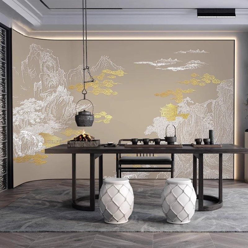 轻奢新中式线条山水楼阁建筑背景墙壁纸客厅沙发卧室墙布别墅壁画,淘宝优惠券,粉丝福利购,淘宝优惠卷