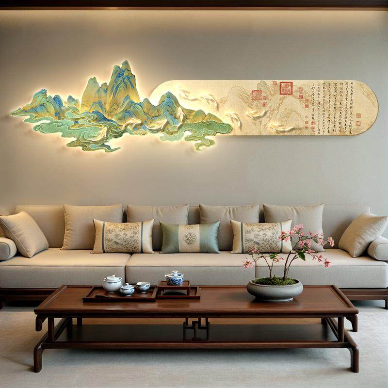 千里江山客厅挂画九鱼图新中式沙发背景墙装饰画大气山水画壁画灯,淘宝优惠券,粉丝福利购,淘宝优惠卷
