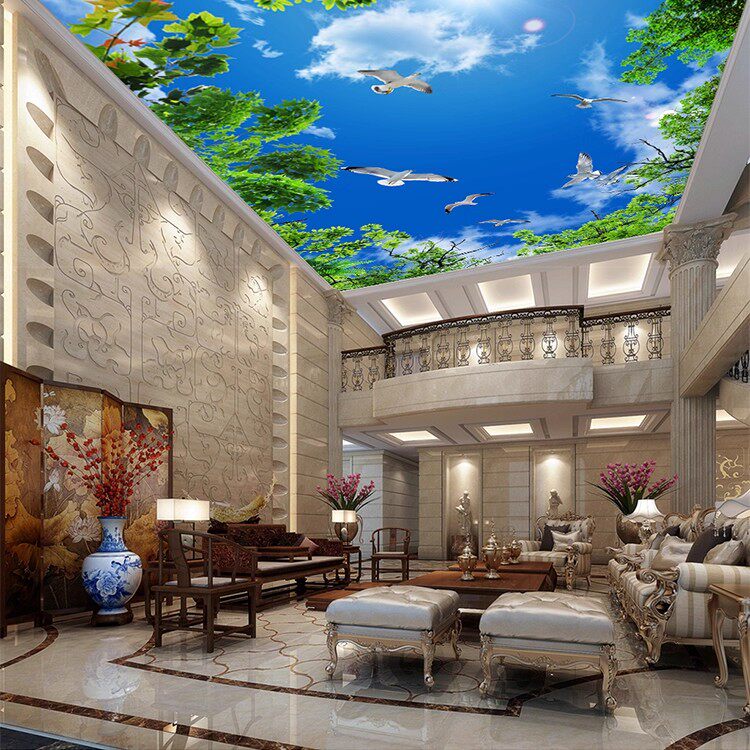 天花板吊顶壁布蓝天白云大树棚顶壁画绿色风景3d空间延伸屋顶墙纸,淘宝优惠券,粉丝福利购,淘宝优惠卷