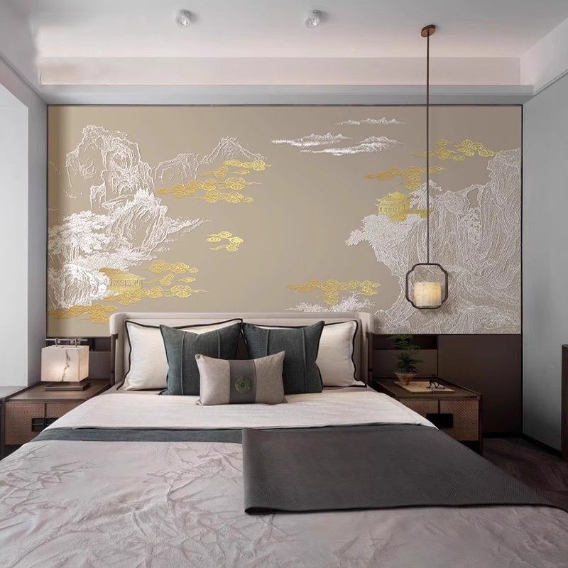 轻奢新中式线条山水楼阁建筑背景墙壁纸客厅沙发卧室墙布别墅壁画,淘宝优惠券,粉丝福利购,淘宝优惠卷