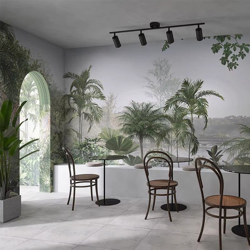 5d北欧森林主题背景墙纸植物墙布酒店餐厅沙发电视墙热带雨林壁纸,淘宝优惠券,粉丝福利购,淘宝优惠卷
