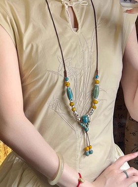 新中式陶瓷串珠花l朵项链女民族风复古旗袍颈链文艺气质长款毛衣