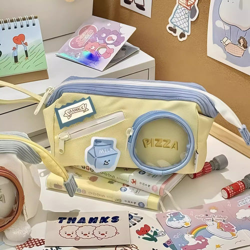 可爱撞色拼接笔袋大容量高颜值小初中女学生痛包文具盒食物铅笔袋 - 图1