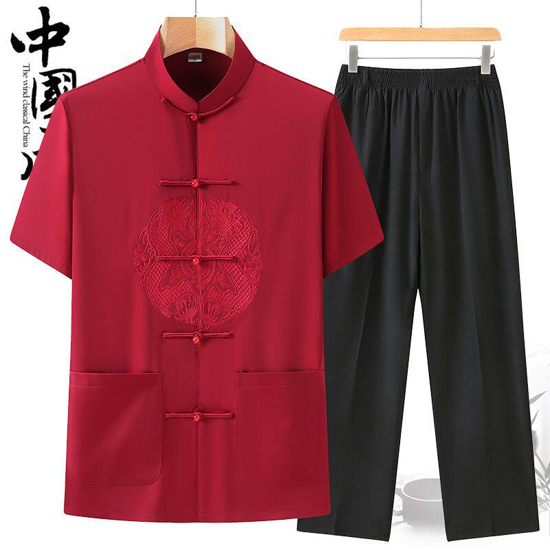 夏季薄款中老年男士红色唐装套装中式爸爸本命年大码短袖衬衫汉服,淘宝优惠券,粉丝福利购,淘宝优惠卷