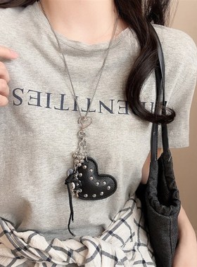 店主自留!韩国黑色爱心十字架y项链女款小众设计感长款配饰锁骨链