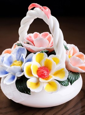 东方泥土新中式手工捏制瓷花小花篮客厅酒柜博古架书房摆件工艺品