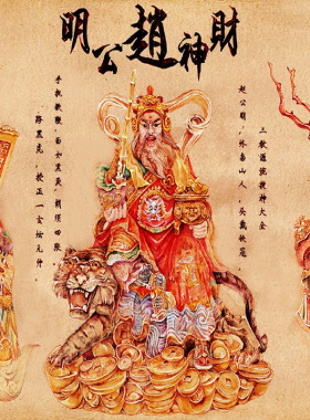 五路财神画像挂画赵公明曹宝佛像卷轴画客厅玄关风水招财丝绸画