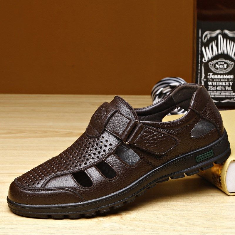高品质男士透气洞洞鞋2025夏季真皮男鞋中老年防滑镂空爸爸男凉鞋,淘宝优惠券,粉丝福利购,淘宝优惠卷
