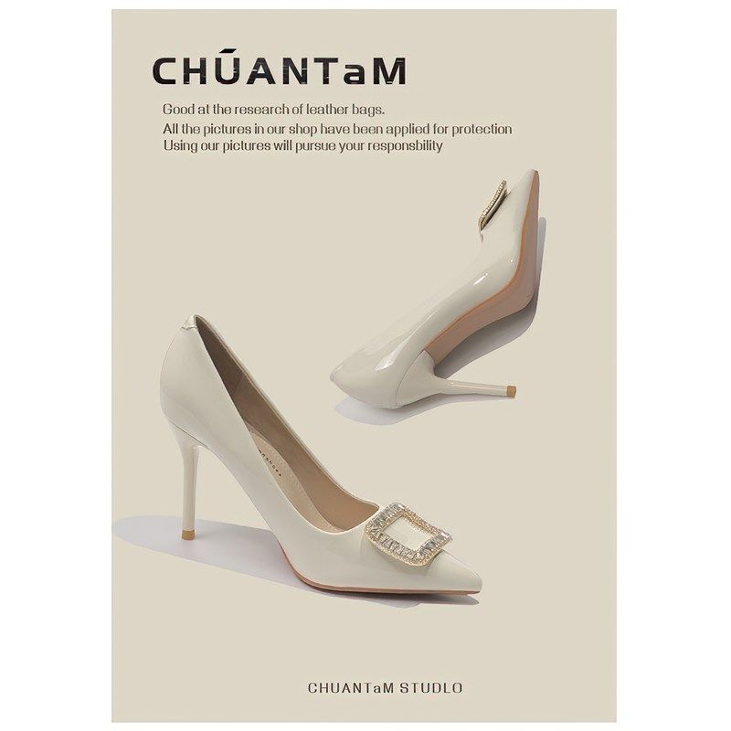 法式水钻方扣高跟宴会鞋女韩版新款小众设计气质尖头漆皮细跟单鞋,淘宝优惠券,粉丝福利购,淘宝优惠卷