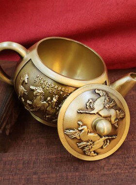 黄铜八骏马手把壶摆件小茶壶黄铜茶壶工艺品茶具百福侧把酒壶家用