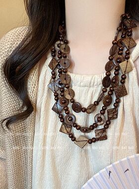 项链戴设计复古毛衣链小众木制多层叠波西米亚风圆形方形串珠做旧