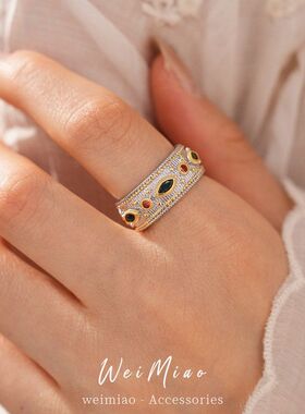 开口锆石小众戒指中古复古手饰