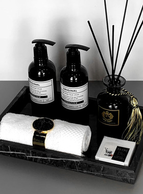 卫生间浴室摆件套装样板房展厅香薰灰色大理石托盘毛巾扣软装饰品