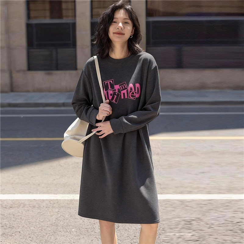 春秋新款中长款宽松显瘦长袖纯棉连衣裙女装韩版百搭字母印花裙子,淘宝优惠券,粉丝福利购,淘宝优惠卷