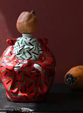 占领花财神花器 喜庆祝福 陶瓷花器家居摆件礼物红色装饰器天然