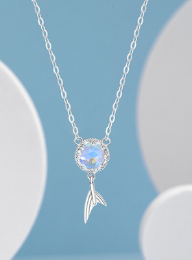 禾心琉璃石通体纯银蓝色吊坠鱼尾项链女小众独特海洋元素锁骨