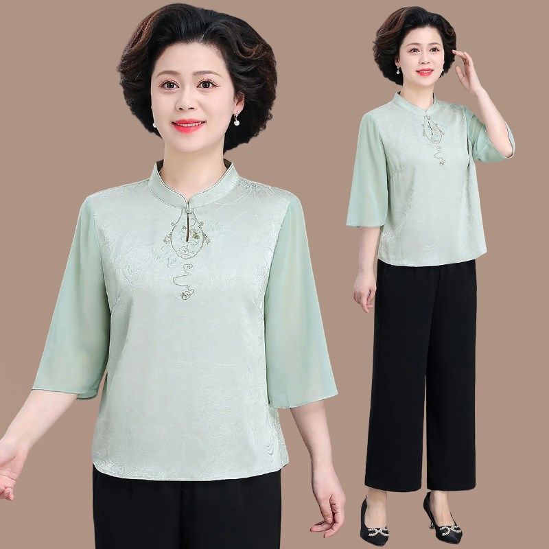 中老年妈妈夏季中袖雪纺小衫休闲套装女J奶奶减龄新中式国风两件,淘宝优惠券,粉丝福利购,淘宝优惠卷