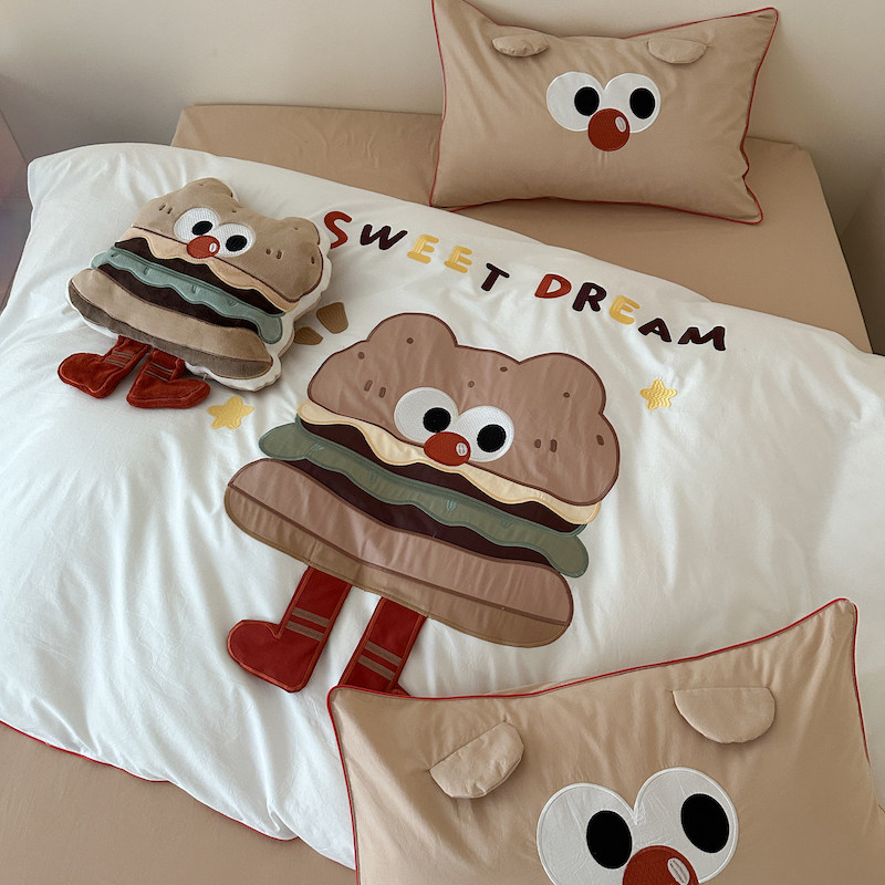 可爱汉堡包卡通刺绣全棉水洗棉C牀上四件套被套牀单宿舍三件套,淘宝优惠券,粉丝福利购,淘宝优惠卷