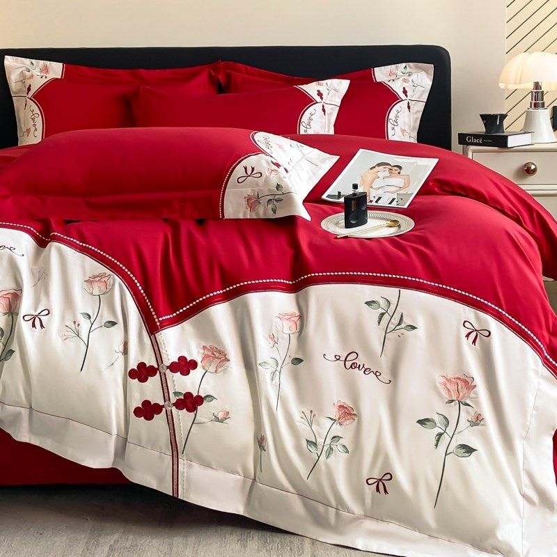 160支长绒棉婚庆四件套全y棉大红色新婚刺绣喜被结婚床上用品4,淘宝优惠券,粉丝福利购,淘宝优惠卷