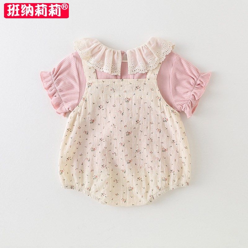 婴儿夏季薄d款套装新生女宝宝夏天包屁衣背带裤T恤洋气分体两件套,淘宝优惠券,粉丝福利购,淘宝优惠卷