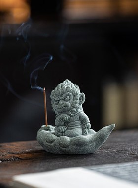 青砂石国潮猴子居家办公装饰品大圣孙悟空鱼缸造景线香插茶宠摆件