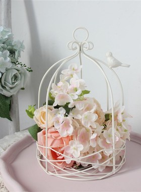 白色装饰鸟笼铁件烛台复古套二简约家居饰品装饰摆件可挂多肉花盆