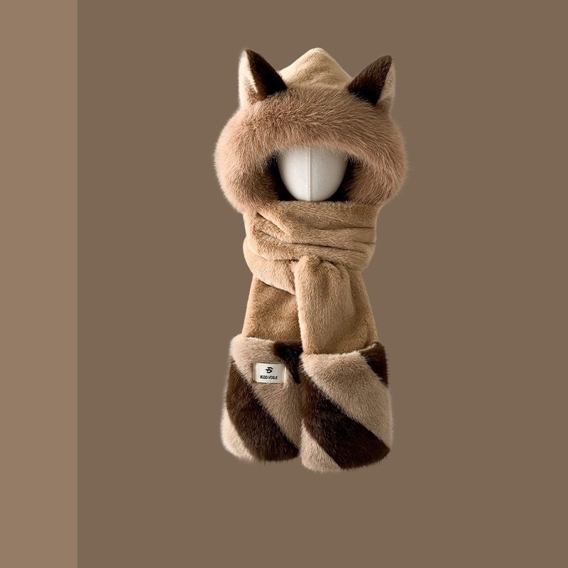 可爱狐狸耳朵毛绒帽子围巾手套一体三件套女冬季加厚保暖骑车防寒,淘宝优惠券,粉丝福利购,淘宝优惠卷