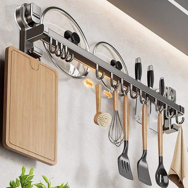 Integrated storage rack wall-mounted spatula hook rack suction cup hanging rod spoon knife tool hole-free kitchen storage rack