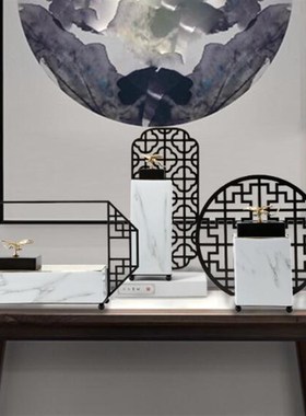 新中式禅意金属装饰罐玄关摆件样品屋展示中心书房软装饰品样板房
