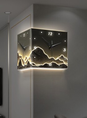 现代简约客厅g双面挂钟背有靠山创意时钟壁灯画免打孔转角钟表挂