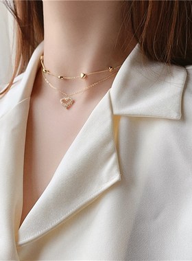 韩国金色多层叠戴爱心满钻项链日韩个性小L同学锁骨链颈链可拆分