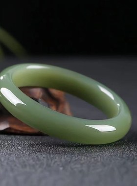 天然新疆和田且末玉复古中u宽玉手镯浓郁青水女镯青绿玉镯子送