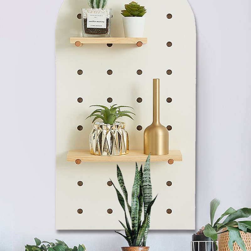 Round colored fan-shaped wooden perforated board storage rack on the wall Customized Nordic curved background decorative storage rack