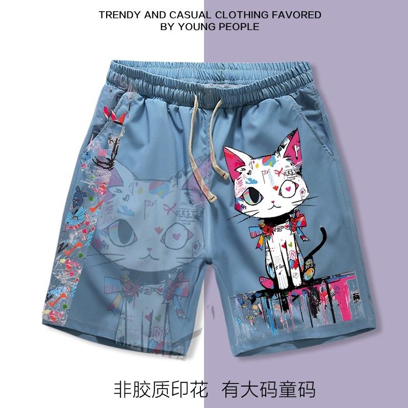 美式多巴胺卡通涂鸦猫短裤男夏季宽松五分裤男女休闲印花沙滩裤潮,淘宝优惠券,粉丝福利购,淘宝优惠卷