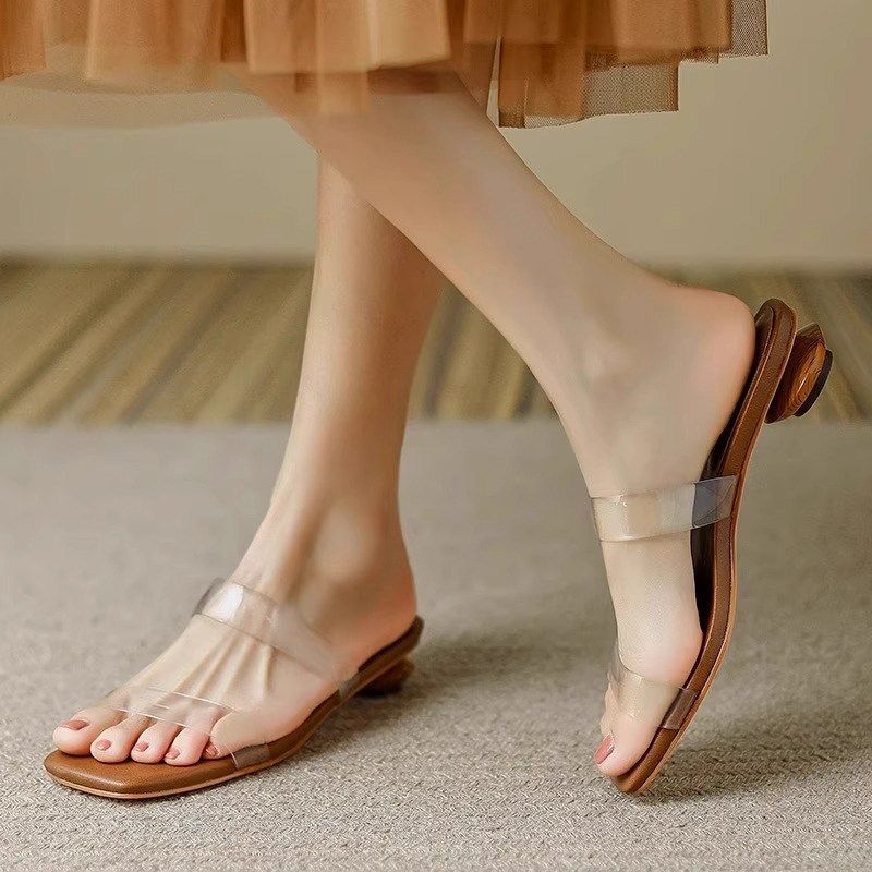 仙女风透明凉拖鞋女夏外穿粗跟低跟软皮简约风配裙子百搭露趾鞋子,淘宝优惠券,粉丝福利购,淘宝优惠卷