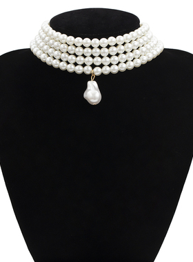 复古多层珍珠颈链女时尚百搭短项链清新甜美珠子吊坠锁骨链配饰品