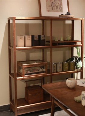 三层器物架黑胡桃木实木茶室榻榻米禅意新中式置物收纳架