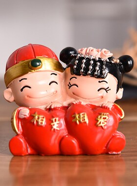 新中式结婚娃娃摆件婚庆小木桩套装工艺品创O意客厅桌上摆饰高级