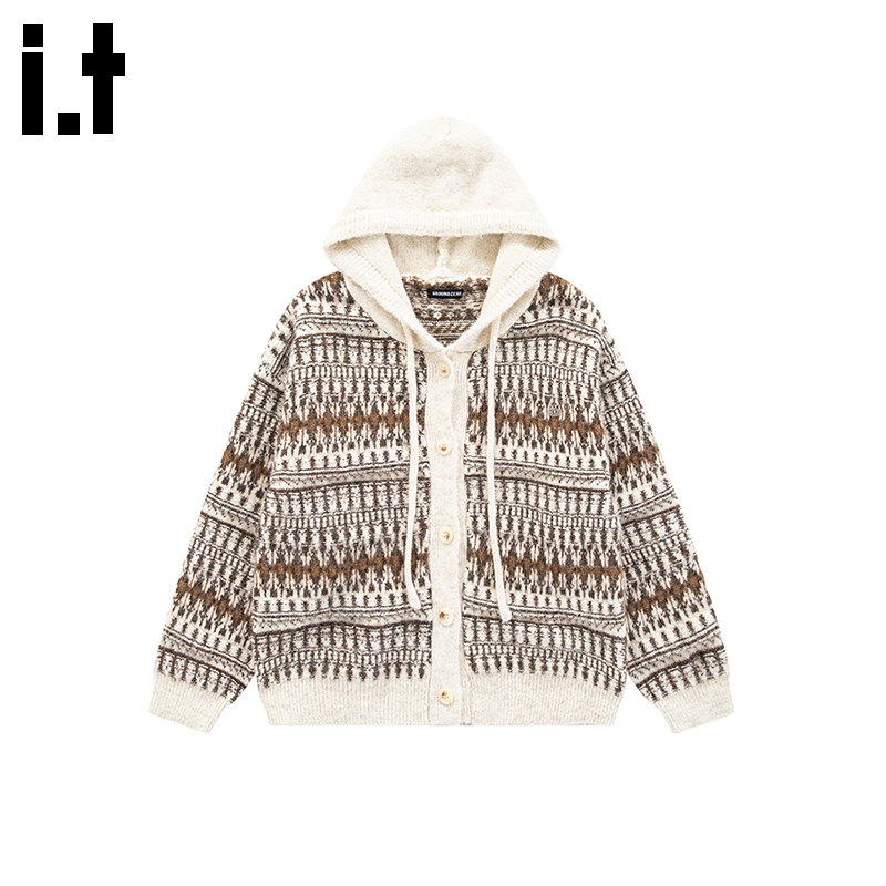 i.t GROUNDZERO韩系2025秋冬杏色连帽撞色长袖毛衣针织开衫女 - 图1