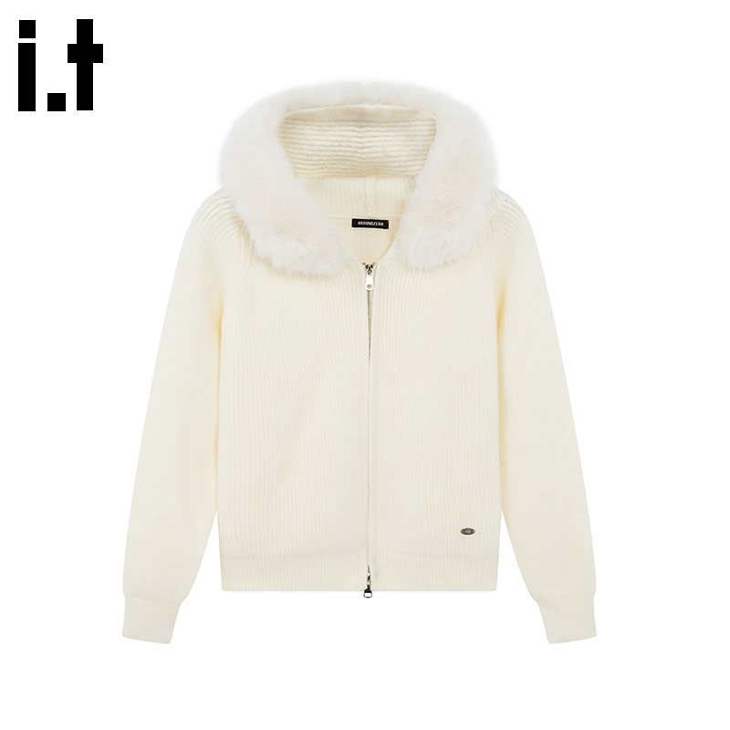 i.t GROUNDZERO韩系2025秋冬深灰色毛毛连帽长袖毛衣针织开衫女 - 图3