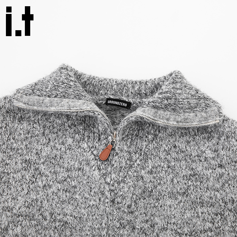 i.t GROUNDZERO韩系2025秋冬翻领麻灰衣外套长袖针织开衫女 - 图1