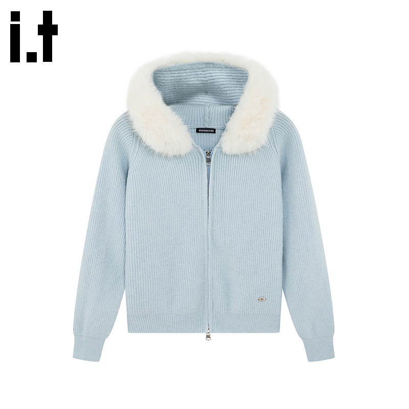 i.t GROUNDZERO韩系2025秋冬深灰色毛毛连帽长袖毛衣针织开衫女 - 图2