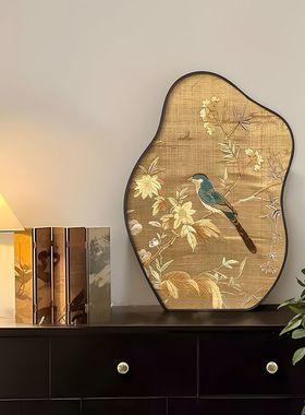 荷叶花鸟喜鹊摆画卧室床头桌面装饰画摆台复古摆件小众艺术水墨