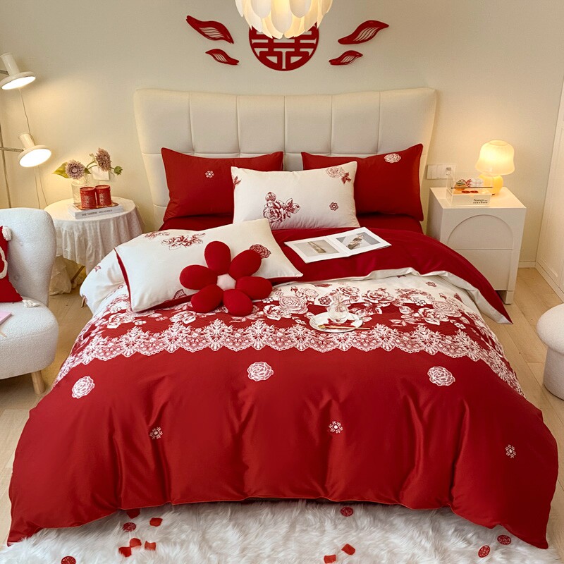 简约婚庆四件套红色结q婚被套床单全棉新婚房床上用品陪嫁喜被,淘宝优惠券,粉丝福利购,淘宝优惠卷