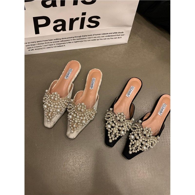 法式气质a国风包头蕾丝平底尖头半拖鞋女夏凉拖鞋珍珠水钻鞋懒人,淘宝优惠券,粉丝福利购,淘宝优惠卷