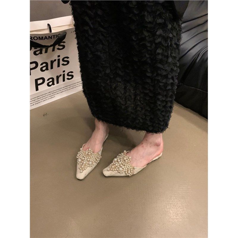 法式气质a国风包头蕾丝平底尖头半拖鞋女夏凉拖鞋珍珠水钻鞋懒人,淘宝优惠券,粉丝福利购,淘宝优惠卷